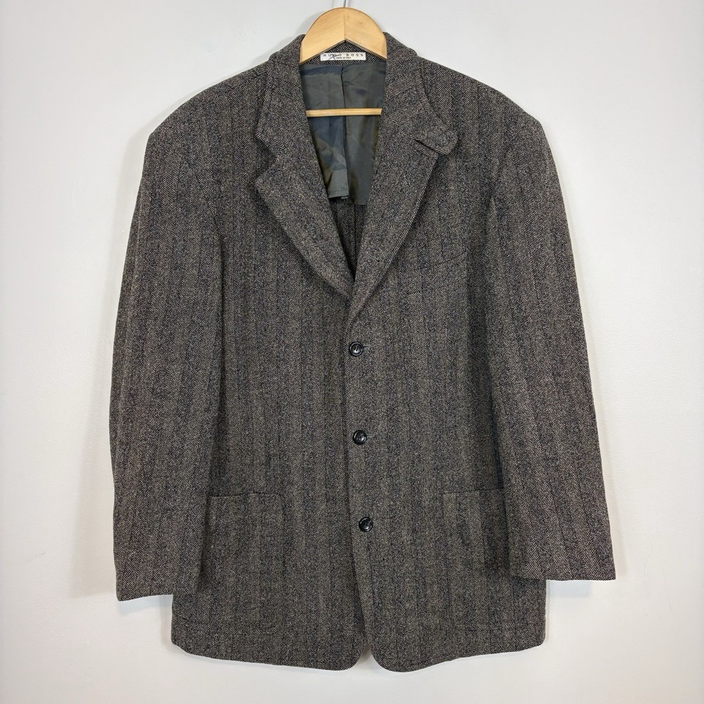 Vtg Hugo Boss Wool Jacket Sz 42L Wool Blend Herringbone Sport Coat Unstructured